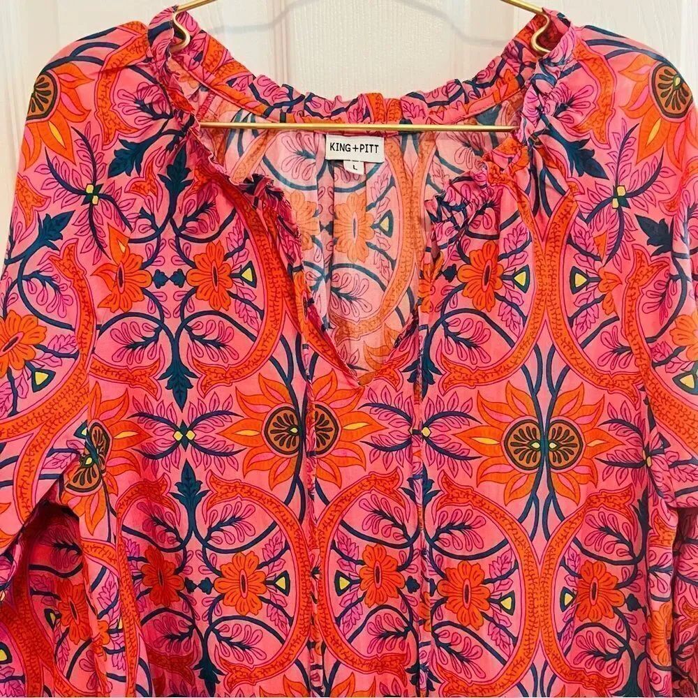 KING + PITT Pink Orange Floral Boho Tiered Dress Size Large - Picture 4 of 14
